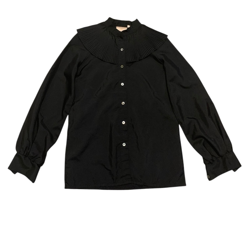 Vintage 1980s International Tyfoon Black Blouse with Ribbed Bib Size 9/10
